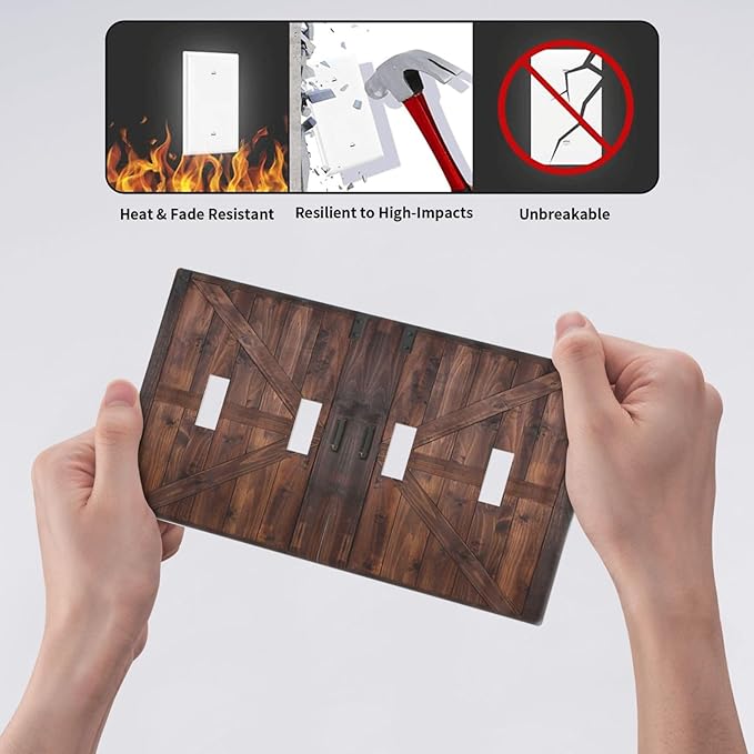 Light Switch Cover Rustic Brown Barn Door Retro Wood Plank 4 Gang Switch Plate Quad Toggle Wall Plates Country Decorative Switchplate Electrical Outlet Cover Plates for Bathroom Home Decor