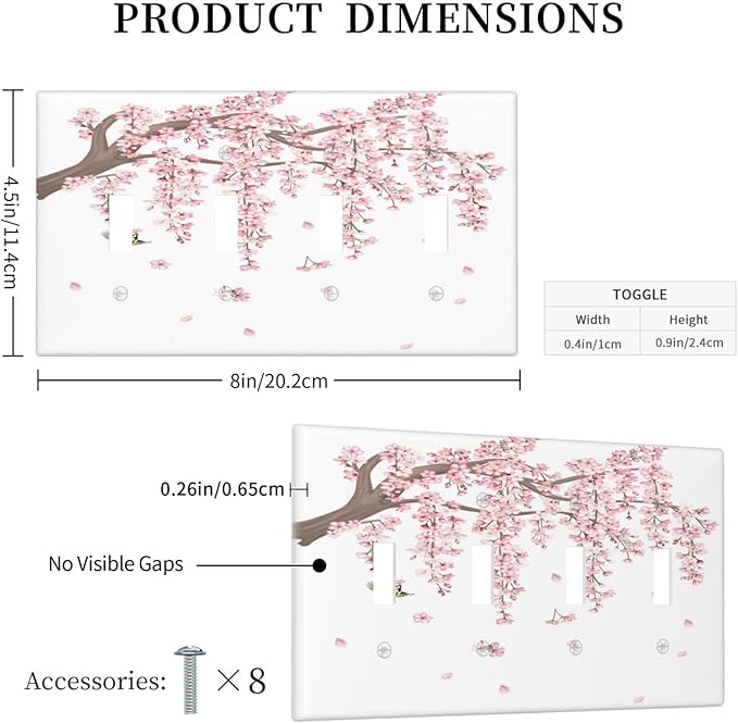 Pink Flower Tree Branch Cherry Blossom Tree Floral Birds Light Switch Covers Quad Toggle Electrical Faceplate 4 Gang Wall Plate Decorative Switch Plates Cover for Bedroom Living Room Decor