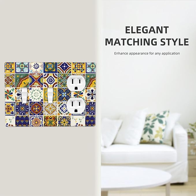 Yellow Mexican Moroccan Sun Tile 3-Gang 2-Toggle 1-Duplex Receptacle Combination Light Switch Decorative Triple Combo Device Switches/Rocker Outlet Covers and Wall Plate