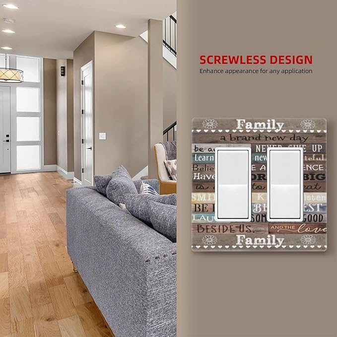 Country Farm Family Quote Wood 2 Gang Double GFCI Rocker Rocker/Decorator Light Switch Cover Decorative Outlet Wall Plate Electrical Faceplate Screwless