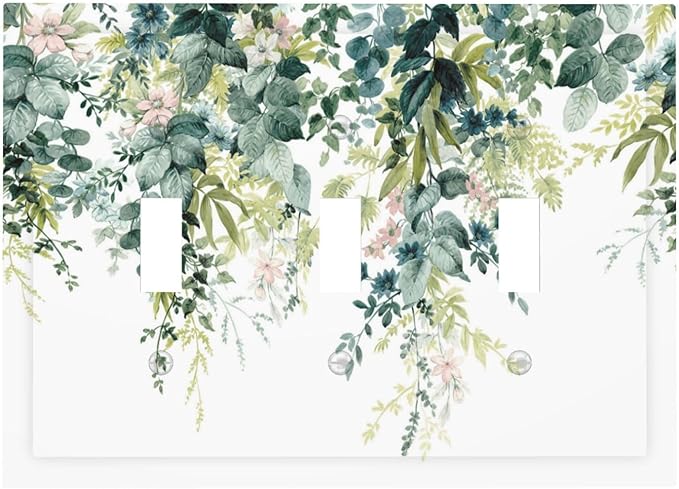 Colorful Plant Flower Sage Eucalyptus Leaves Decorative Switch Plates 3 Gang Wall Plate Triple Toggle Light Switch Cover Faceplate Electrical Wall Panels for Bedroom Living Room Decor