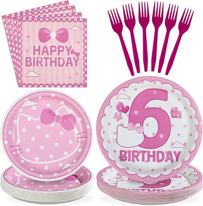 96 Pcs Pink Kitten 6th Birthday Decorations Pink Cat Plates and Napkins Disposable Tableware Set Cute Cartoon 6th Birthday Decoration for 6 Years Old Girl Cat Theme Birthdays Party Supplies Serves 24