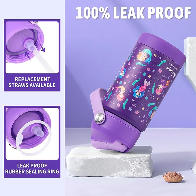 rockpapa 14 oz Kids Insulated Water Bottle，Stainless Steel Toddler Cups with Straws, BPA Free, Leak-Proof, Kids Water Bottle for School Boys& Girls (Purple Mermaid)