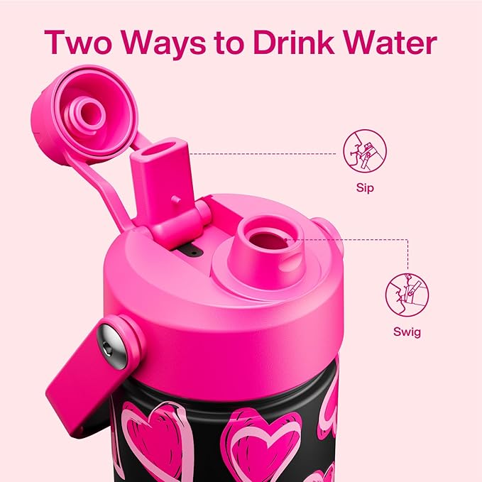 ENCOOL Valentine's Day Insulated Water Bottle with Straw Stainless Steel Water Bottle, Leak-Proof, BPA-Free, Keeps Cold for 24 Hours for Sports, Travel, School (26 oz, Sketch Hearts Pink x Black)