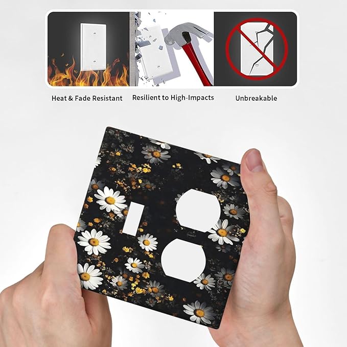 White Black Daisy Wildflower Modern Chrysanthemum Wallplates 1 Toggle 1 Duplex Switch Plate Electrical GFCI Faceplate Decorative Light Switch Covers for Bedroom Farmhouse Decor