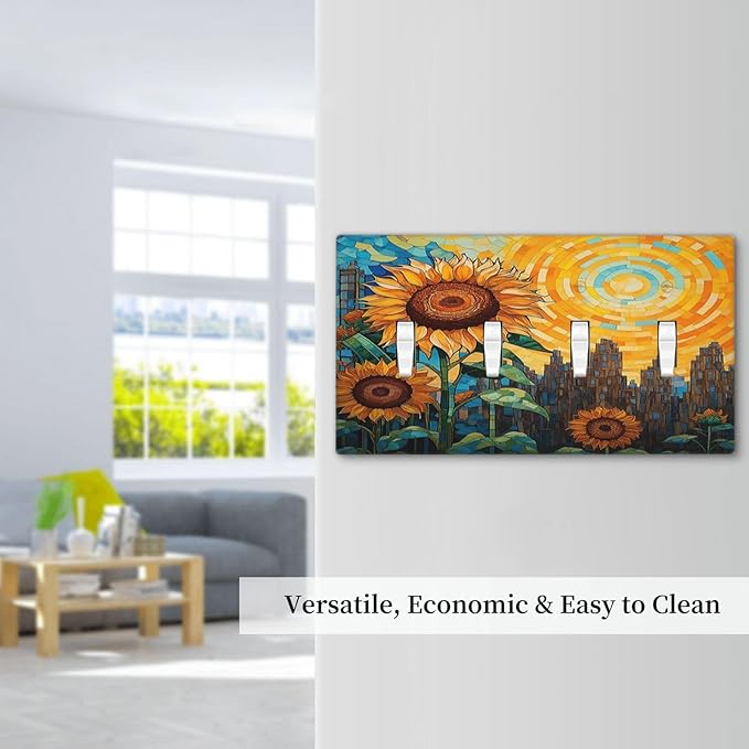 Abstract Sunflower Graffiti Floral Paint Art Flower Light Switch Covers Quad Toggle 4 Gang Wall Plate Decorative Switch Plates Electrical Faceplate for Bedroom Living Room Decor