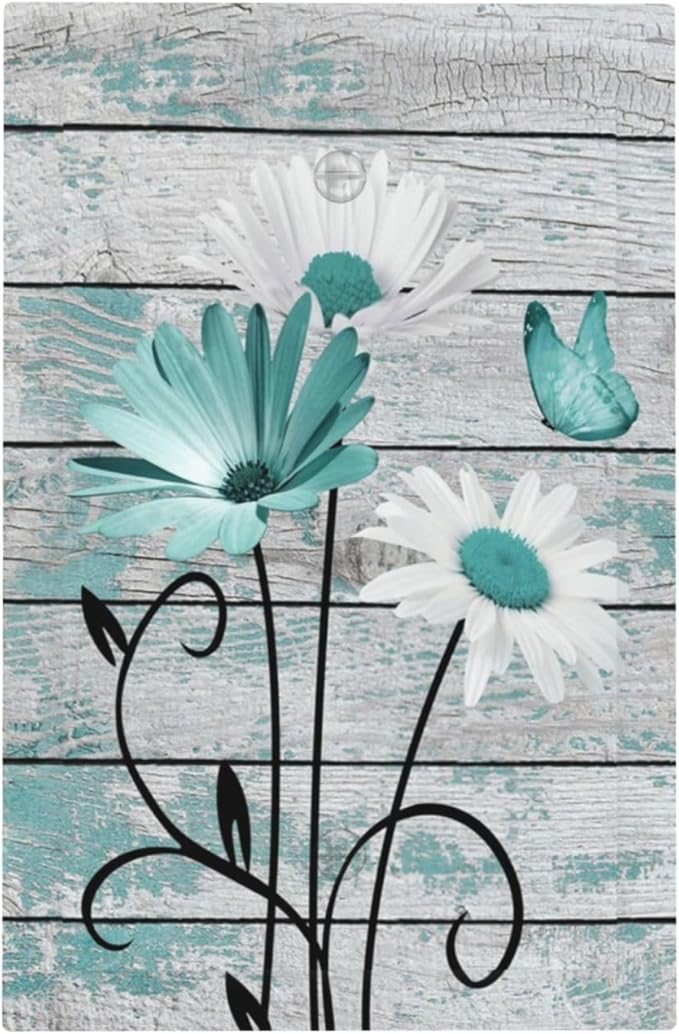Teal White Daisy Flower Butterfly On Rustic Wood Board Light Switch Cover Plate 1 Gang No Device Blank Electrical Wall Plates Faceplate Decorative Switch Plate Covers for Farmhouse Bedroom Decor