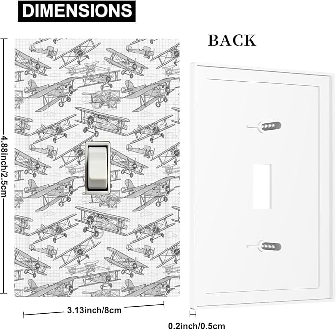 Vintage Biplane 1-Gang Toggle Light Switch Plate, Aviation Blueprint Grid Retro Pilot Dream Decorative Wall Plate for Boys Room