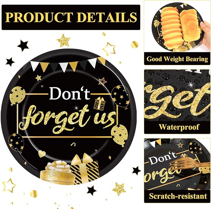 48Pcs We Will Miss You Paper Plates and Napkins Farewell Party Decorations Goodbye Party Supplies Black and Gold Going Away Disposable Tableware Set for Leaving Retirement Graduation Serve 24