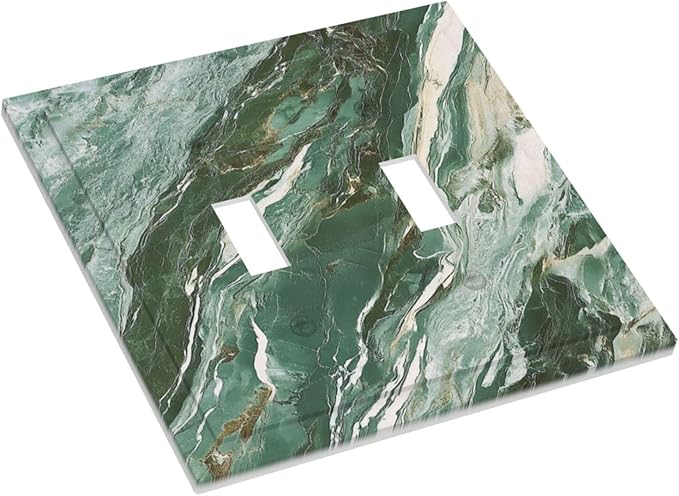 Decorative Switch Plate Cover with Modern Luxury Green Marble Texture Design 2 Gang Wall Plate Unique Double Toggle Double Light Switch Covers for Kitchen Bathroom Decor