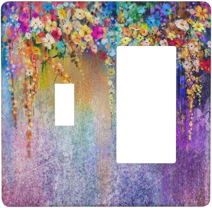 Colorful Floral Watercolor Flower 2 Gang Single Toggle Rocker Combination Light Switch Cover Purple Decorative Wall Plate Cover Electrical Faceplate for Farmhouse Bathroom Bedroom Kitchen Decorate