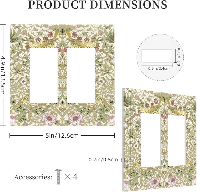 William Morris Vintage Strawberry Bird Botanical Decorative Outlet Covers 2 Gang Double GFCI Rocker Electrical Wall Panels Light Switch Cover Plate for Farmhouse Home Decor