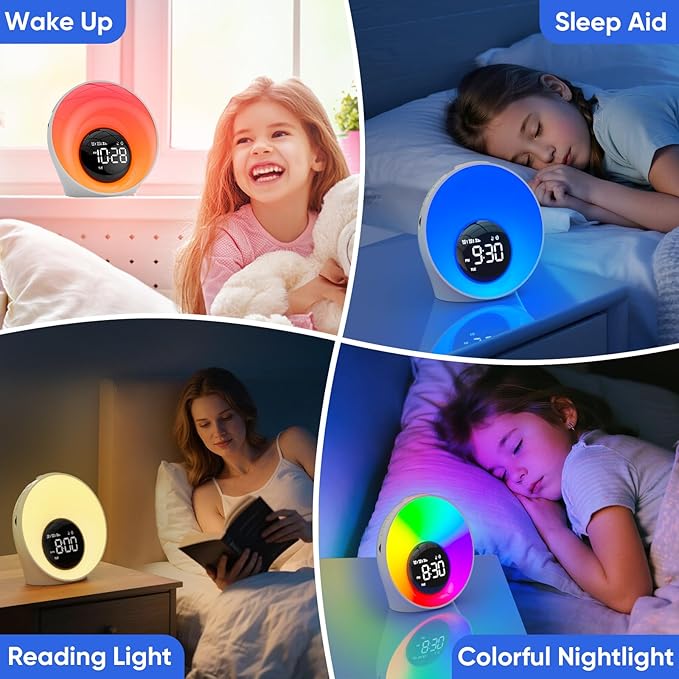 AFEXOA Wake Up Light Sunrise Alarm Clock - Sunrise Simulation & White Noise Machine with 30 Soothing Sounds, 14 Color Dimmable Night Light, Digital Dual Alarms for Heavy Sleepers/Adults/Kids(White)