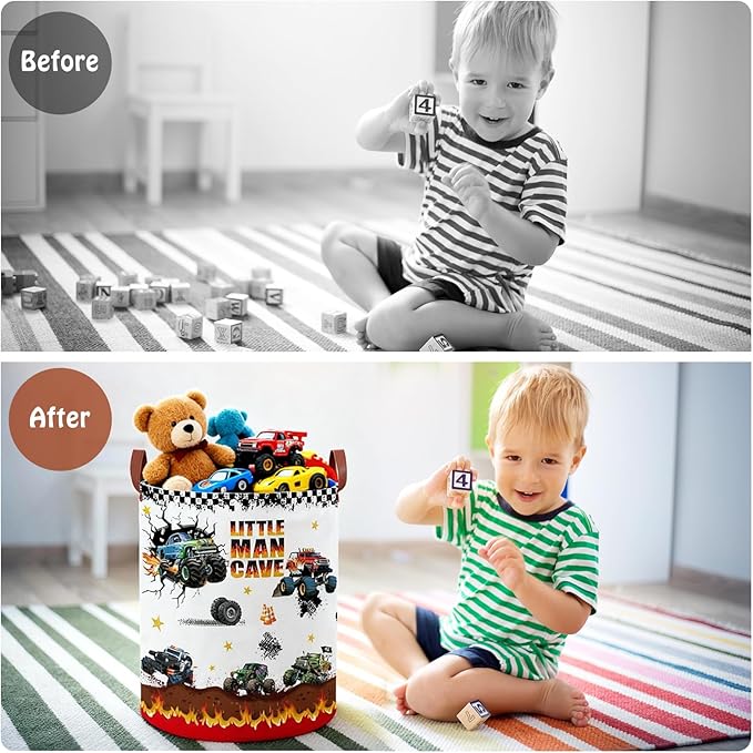 Monster Trucks Laundry Hamper,Car Room Decor Storage Basket,Kid Valentine's Day Gift Toy Bin Nursery Hamper, Collapsible Clothes Book Organizer Bin for Boy (Round)