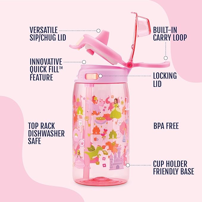 Ello Kids Pop & Fill 16oz Tritan Plastic Water Bottle with Quick Fill Technology, Leak Proof Locking Lid, Sip & Chug, BPA Free, Dishwasher Safe, For School, Lunchboxes, Royal Palace