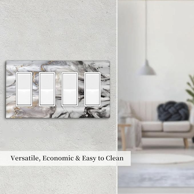 Grey and White Gold Marble 4 Gang Light Switch Cover Quad Rocker Decora Wall Plate Decorative Electrical Outlet Switchplate Modern Abstract Marble Gfci Faceplate for Kitchen Bathroom Decor