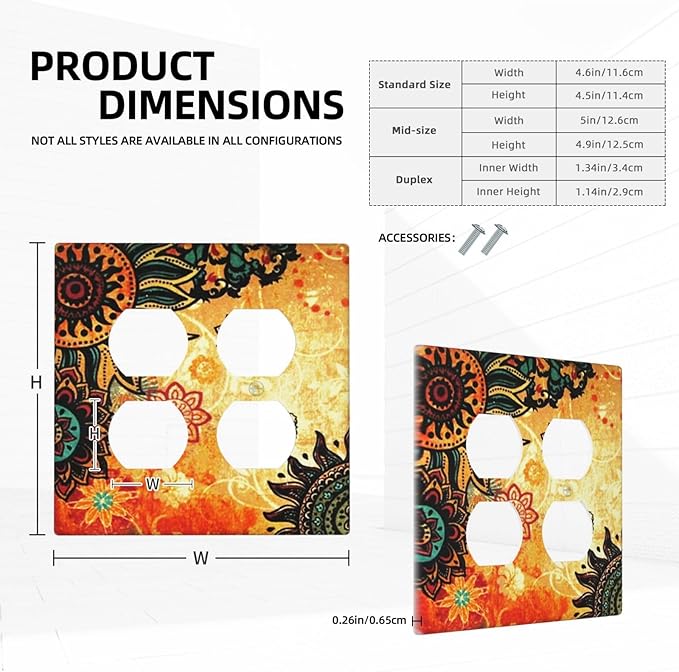 Art Red Boho Flower 2 Gang Double Duplex Combo Dual Device Outlet Cover, Burnt Orange Bohemian Flowered Mandala Floral Sunflower Two Gang Combination Receptacle Wall Plate Outlet Light Switch Covers