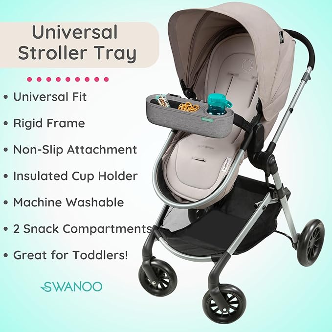 Universal Stroller Tray with Insulated Sippy Cup Holder - Upgraded Rigid Frame Stays Upright - Exclusive Non Slip Straps Firmly Grip Stroller Bar. Universal Stroller Snack Tray Attachment Grey
