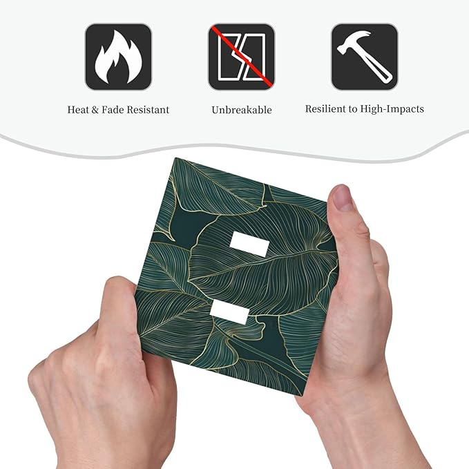 Gold Tropical Green Botanical Palm Leaves Decorative Switch Plates 2 Gang Double Toggle Outlet Light Switch Cover Wall Plate Electrical Faceplate for Bedroom Living Room Decor