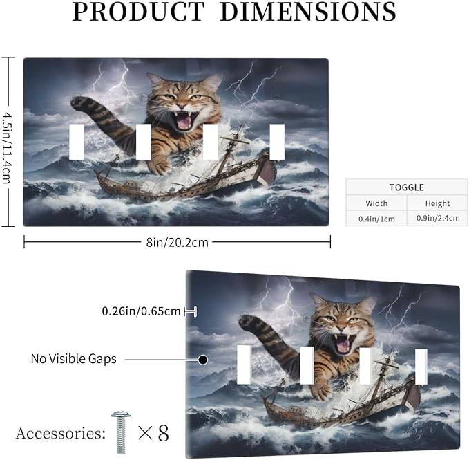 Decorative Light Switch Plate Covers Funny Cat Sea Ship Ocean Billow Wave Novelty 4 Gang Wall Plate Switch Cover Plate Quad Toggle Jumbo Electrical Faceplate for Kitchen Decor