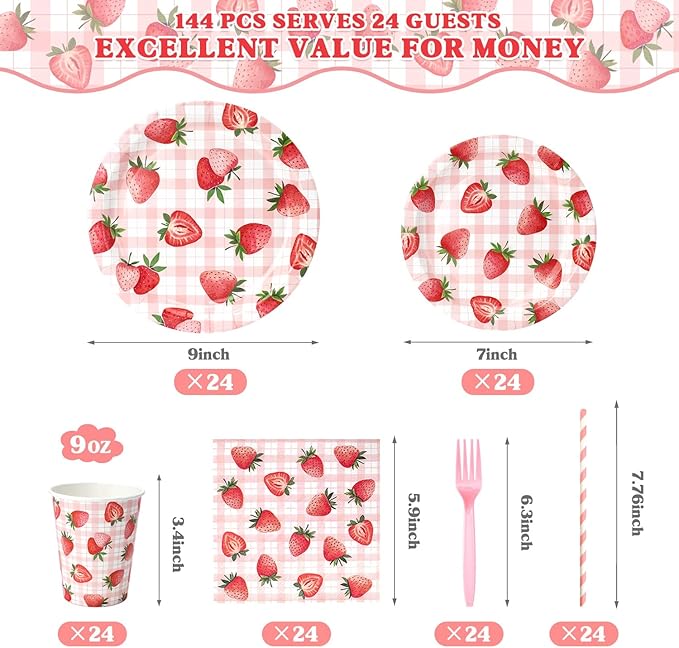 144 Pcs Strawberry Plates and Napkins Tableware Set, Plates Napkins Cups Straws and Forks Sets, Strawberry Party Birthday Supplies, Shortcake Birthday Decorations, Serves 24 Guests