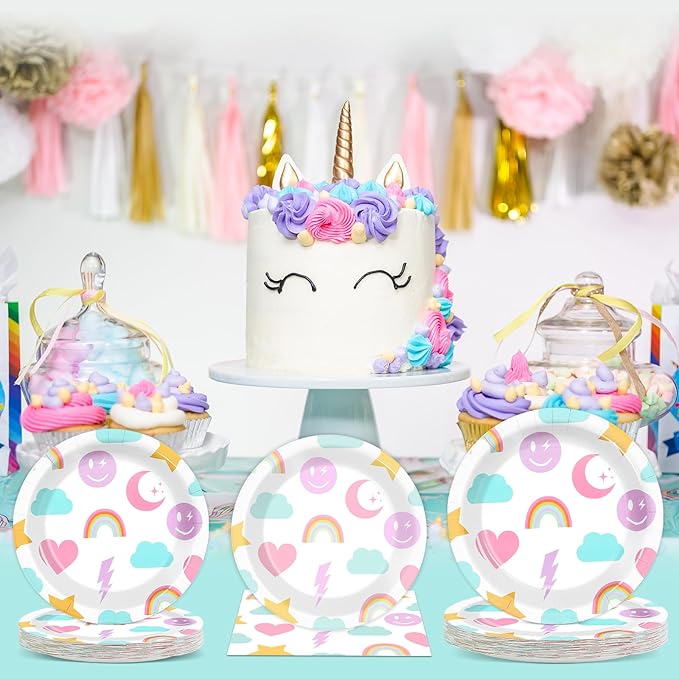 96Pcs Pastel Rainbow Party Plates and Napkins for Smlie Face Preppy Birthday Supplies Unicorn Themed Paper Dessert Plates Smile Tableware Set for Kids Boys 24 Guests Birthday Party Decorations
