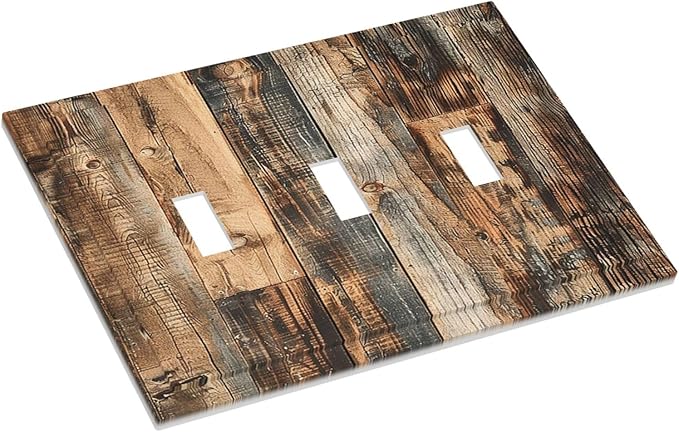 Decorative Switch Plates Rustic Brown Wood Pattern Splice Plank 3 Gang Wall Plate Triple Toggle Light Switch Cover Faceplate Electrical Wall Panels For Farmhouse Cabin Decor