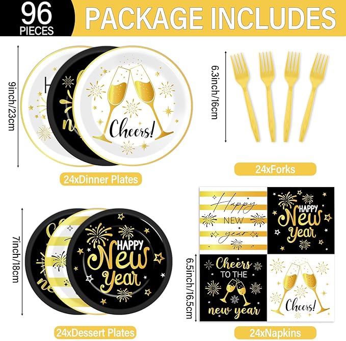 96Pcs New Years Party Supplies 2026 Black and Gold Themed Paper Plates Napkins Cheers Party Tableware Disposable Dinnerware Happy New Years Decorations Set for 2026 NYE Holiday Celebration Table Decor
