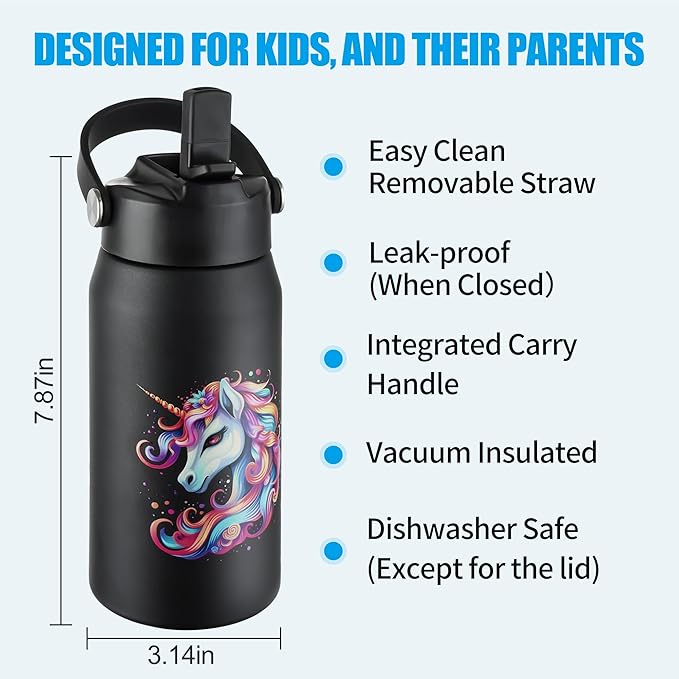 OLDLEY kids Water Bottle - 18oz Insulated Stainless Steel - Wide Straw Lid, Non Spill, Leakproof, Kids Water Bottle for School,Black Unicorn