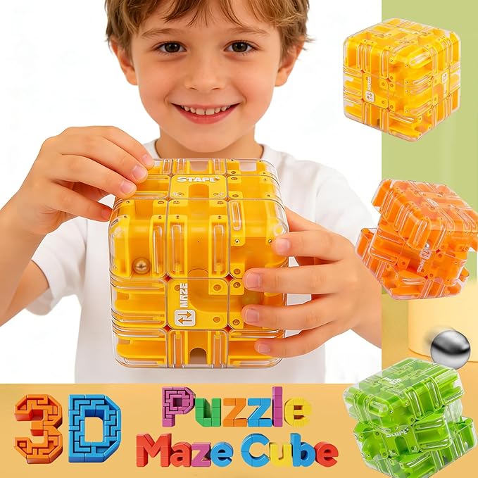 Labyrinth 3D Puzzles Maze Cube, Education Learning Toys for Logical Thinking, Birthday Gift for Kids Adults Family Board（Yellow）