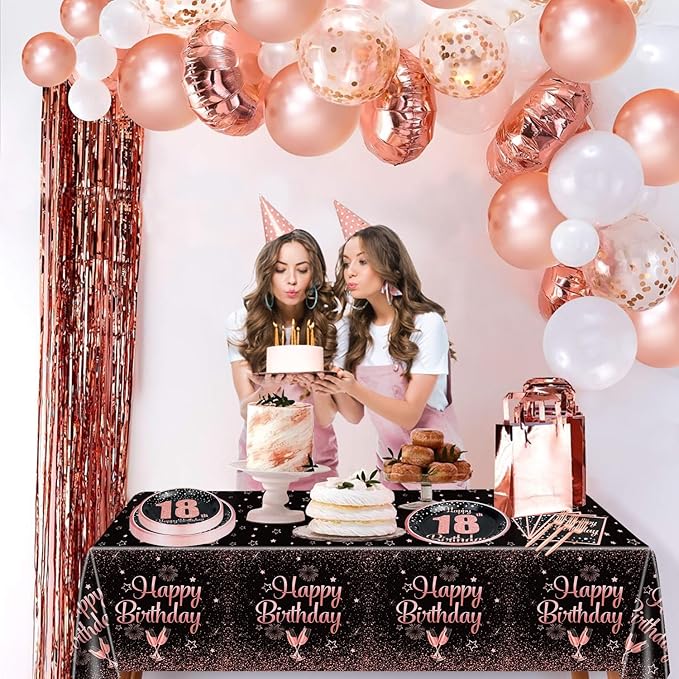 18th Black and Rose Glod Birthday Decorations for Boys Girls - 81 Pcs Plates, Napkins, 18th Tablecloth, Forks for Black and Rose Gold Party Decorations Serve 20