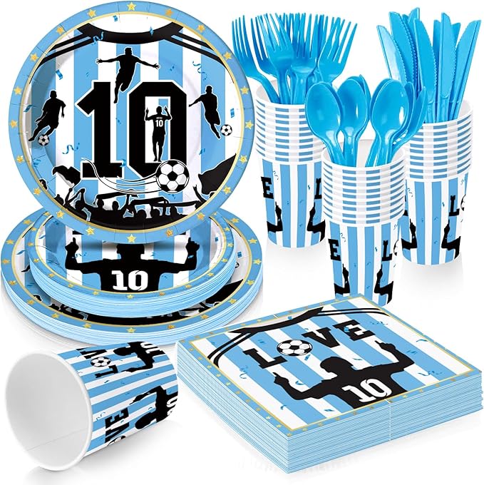 Soccer Star Party Supplies for Kids Birthday Party, Blue & White Legendary Football Star Party Decorations Disposable Tableware Set With Plates, Cups, Napkins & Cutlery for 24 Guests