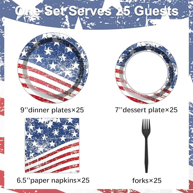 Qyeahkj 100 Pcs 4th of July Party Plates and Napkins Tableware Set American Flag Birthday Party Dinnerware Supplies Patriotic Favors Independence Memorial Day Decorations for Serve 25