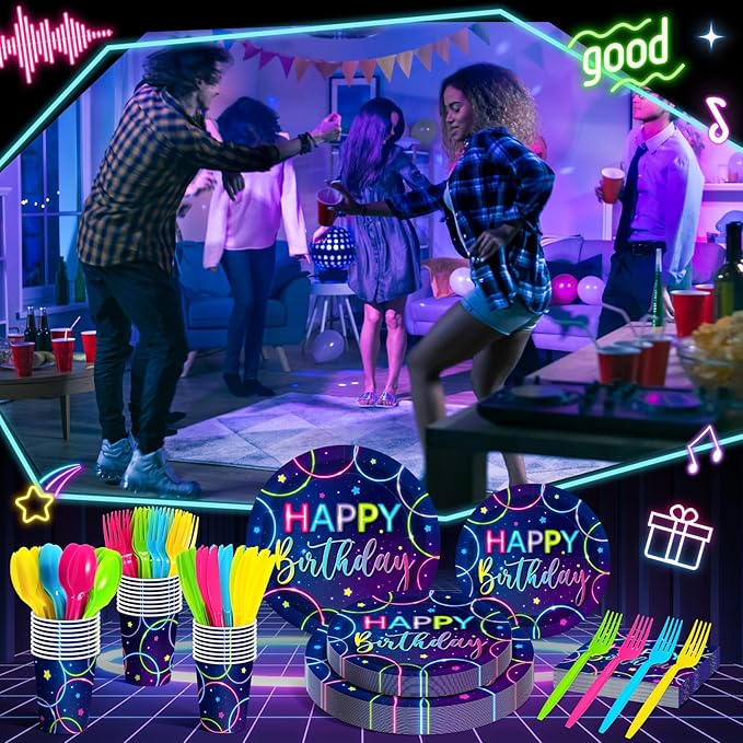 Meanplan Serves 24 Guests Neon Happy Birthday Party Plates and Napkins Neon Glow Birthday Tableware Set Let's Glow Party Decorations for Kids Included Cups Knives Forks Spoons Total 168 Pcs