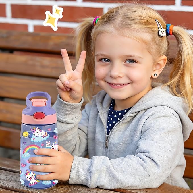 14oz Unicorn Kids Water Bottle with Straw - Rainbow Water Bottle For School, Leakproof, Lightweight, Durable Plastic Bottles for Kids Travel, Pop-Up Straw Cover, Gift Cup for Girls (Unicorn)