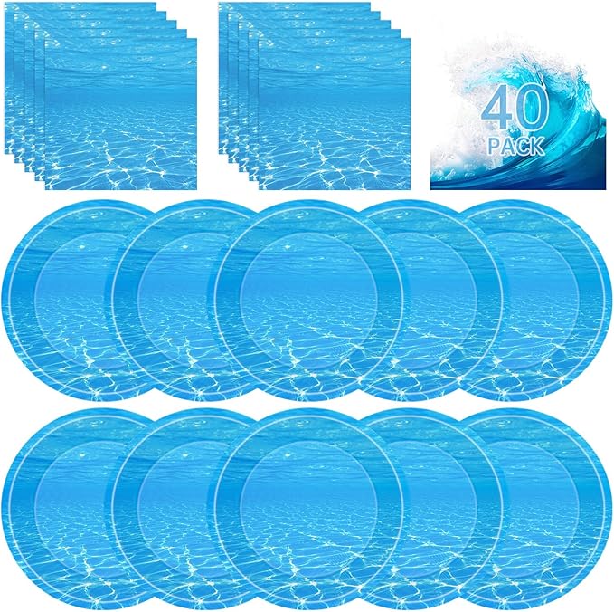 40 Pcs Ocean Plates and Napkins Sets - Under The Sea Party Supplies Tableware, Blue Disposable Paper Plates and Napkins Kit for Summer Ocean Themed Party Decorations Birthday Table Decor, Serves 20