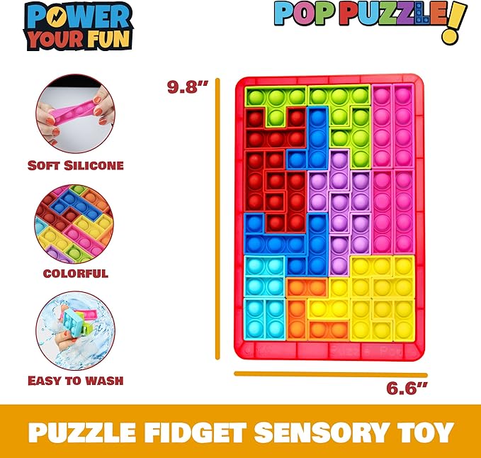 Power Your Fun Pop Puzzle Popper Fidget Game - 27pc Jigsaw Puzzle Game Pop Push It Bubble Sensory Fidget Toys for Learning, Stress Relief Silicone Push It Popper Board for Kids and Adults (Red)