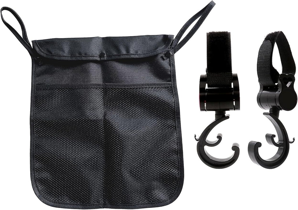Baby Stroller Organizer With Two compartments Front Mesh Pocket for Bottle Nappy Diaper Storage, Detachable Straps,with 2 Seperated Hooks (BlackC)