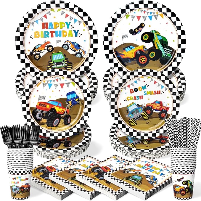 300 Pcs Truck Plates and Napkins Tableware Set, Plates Napkins Cups Straws and Forks Sets, Truck Birthday Decorations, Party Supplies, Serves 50 Guests