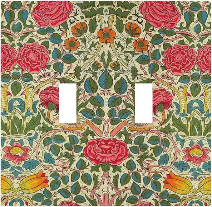 William Morris Roses Floral 2 Gang Light Switch Cover VintageTulip Flower Plant Bird Double Toggle Wall Plate Decorative Electrical Switchplate Covers for Country Bedroom Home Decor