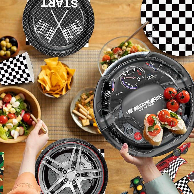 144pcs Race Car Plates Napkins Party Supplies Racing Themed Paper Cups Race Car Birthday Party Decorations Racing Tableware Set for kids Boys Birthday Decor Serves 24