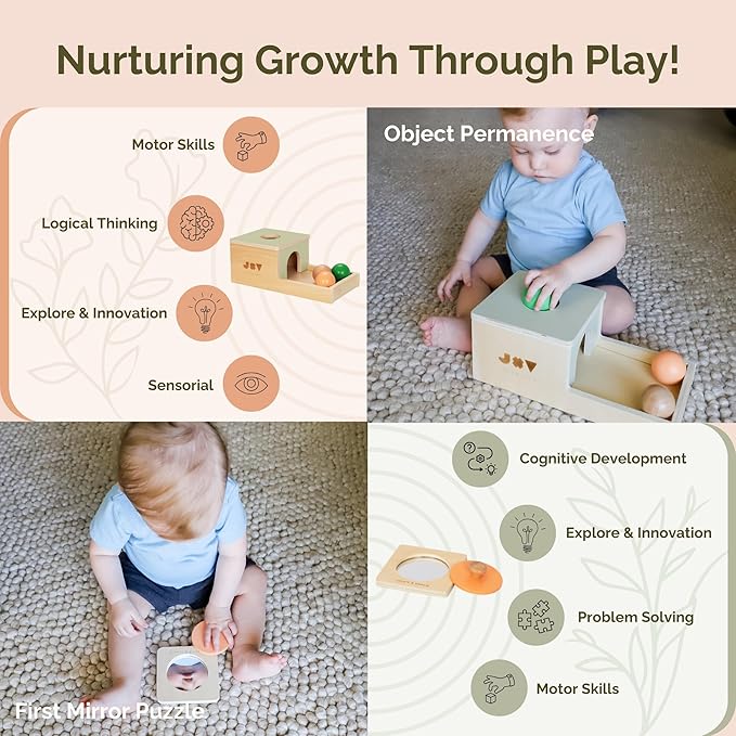 Jackie & Vancie Montessori Toy Set for Babies 7-12 Months Play Kit 6-in-1 Wooden Learning Toys with Object Permanence Box, Ring Stacker, Egg & Cup, Multipurpose Blocks and Mirror Puzzle