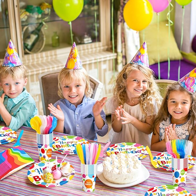 Meanplan Serves 24 Guests Happy Birthday Plates and Napkins Rainbow Polka Dot Birthday Tableware Set Rainbow Dot Party Decorations for Kids Included Cups Knives Forks Spoons Total 168 Pcs