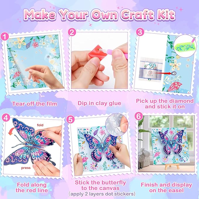Arts and Crafts for Kids Age 8-12, Diamond Art Kit for Kids, Gifts for 6 7 8 9 10 Year Old Girls, Birthday Presents Toys for Girl Teen, Fun Activities Gem Art Butterfly Kit with Frame for Home Decor