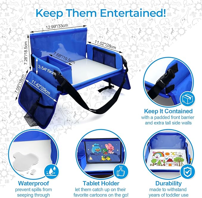 Travel Tray for Kids, Carseat Table Tray for Road Trip Activities, Toddler Lap Desk Organizer for Airplane - Blue