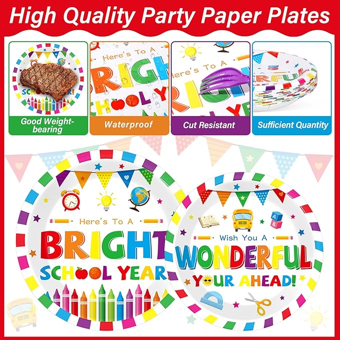 100PCS Back To School Decorations School Season Supplies Paper Plates Napkins Disposable White Bottom Colorful Pattern Tableware Dinnerware for Student Birthday Picnic First Day of School Serves 25