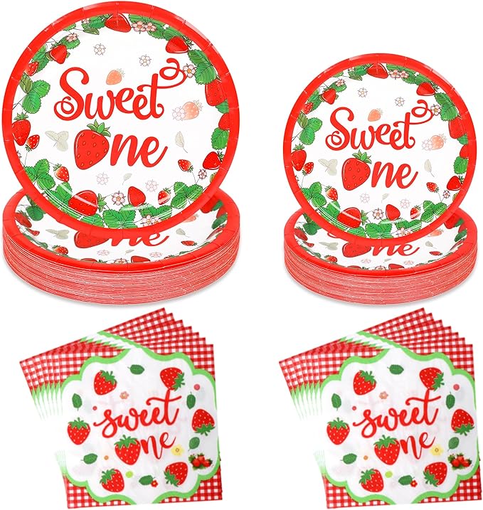 Strawberry Birthday Decorations, 75 Pcs Disposable Fruit Paper Plates and Napkins Tableware Set Party Supplies for Girl Sweet One Baby Shower Berry First Strawberry Themed Birthday Decor, Serves 25