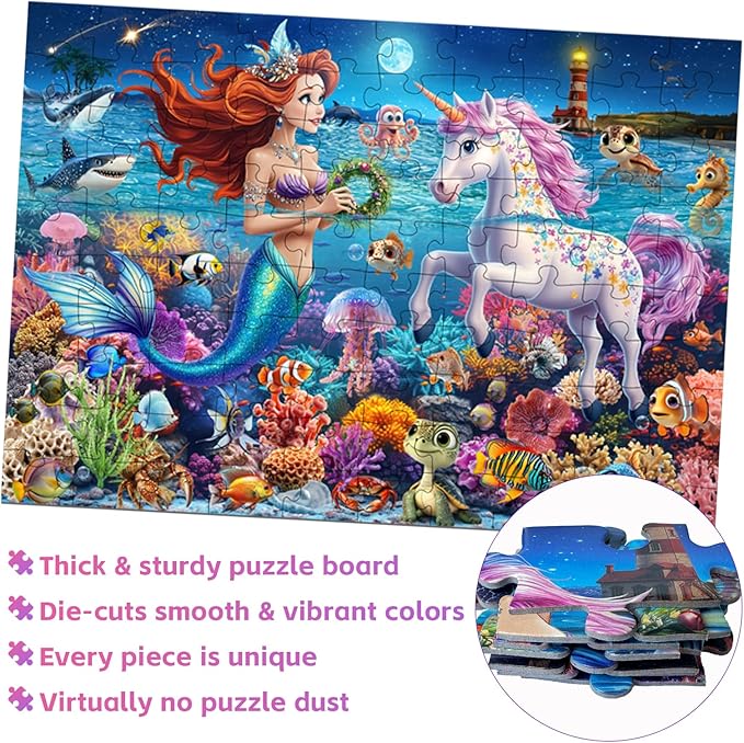 100 Piece Puzzles for Kids Ages 6-8, Mermaid and Unicorn Puzzles 100 Pieces for Kids, Underwater Scene Jigsaw Puzzle for Children Learning Educational Toys Gifts for Girls Boys