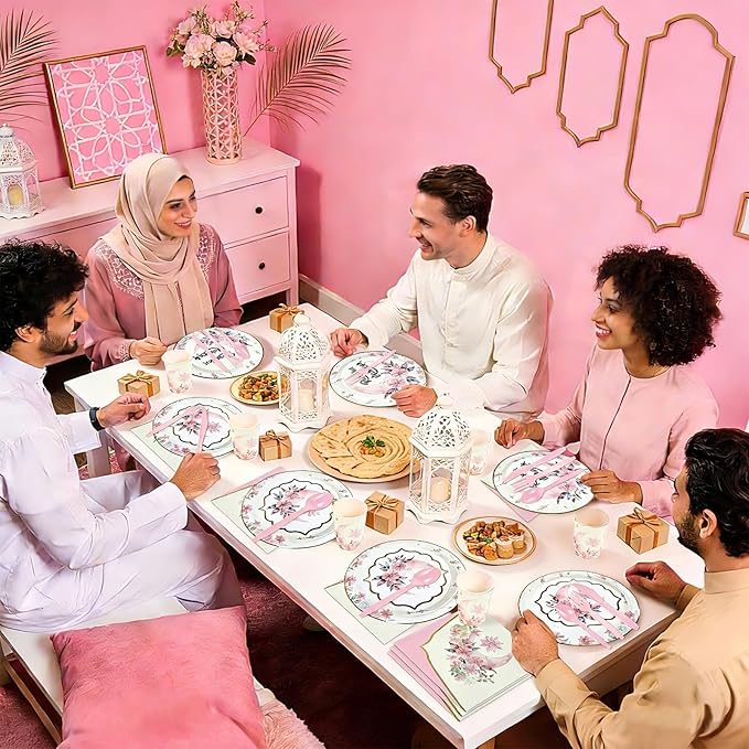 168Pcs Eid Ramadan Decorations for Home Pink Watercolor Flower Lantern Moon Plates and Napkins Cups Islamic Mubarak Decor Tableware Set for Eid al-Fitr al-Adha Festival Home Party Supplies Serves 24