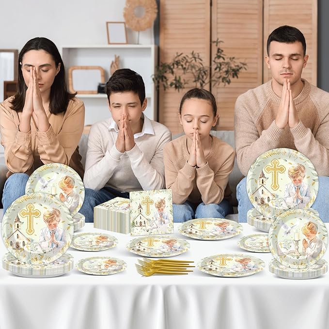 96Pcs First Communion Plates and Napkins for Baptism God Bless Party Supplies Green Mi Primera Comunion Paper Dessert Plates Tableware Set for Boy 24 Guests Baby Birthday Christening Party Decorations